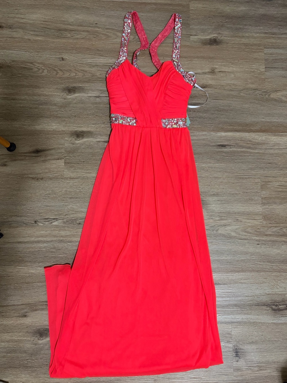 City Triangles Coral-Red Beaded Strappy Prom Dress